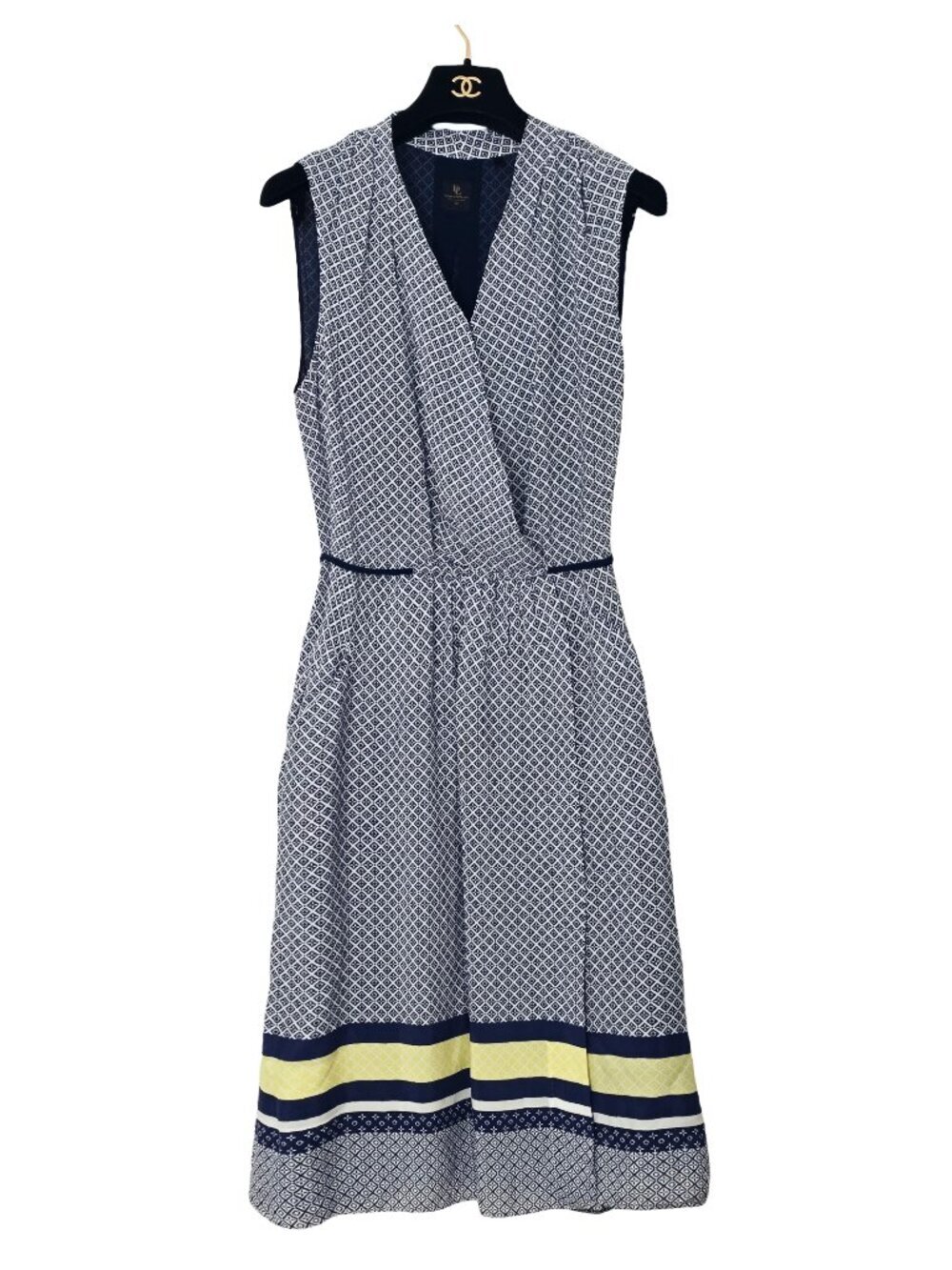 David Lawrence Silk Faux Wrap Dress Size 12 Navy Blue Stripe Mixed Print Summer